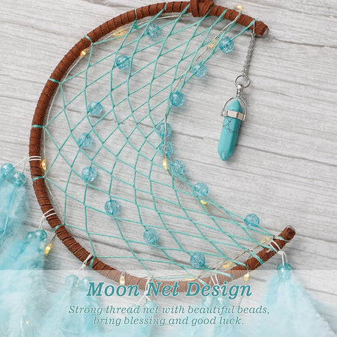 Dremisland Moon Dream Catcher - Handmade Feather Wall Hanging Ornament with Fairy Lights for Kids Bedroom Decor