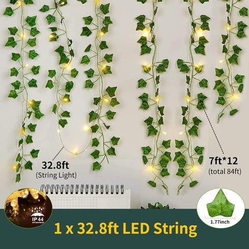 KASZOO 84Ft 12 Pack Artificial Ivy Garland, Vine Hanging Garland with 80 LED String Light, Green