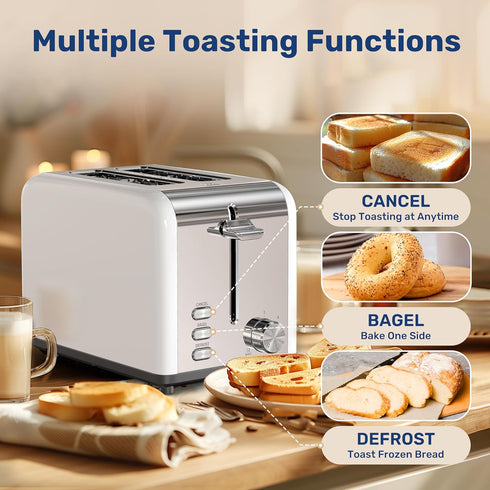 YSSOA Stainless Steel 2 Slice Toaster, Extra Wide Slot with 6 Shade Settings and Bagel/Defrost/Cancel Functions, White