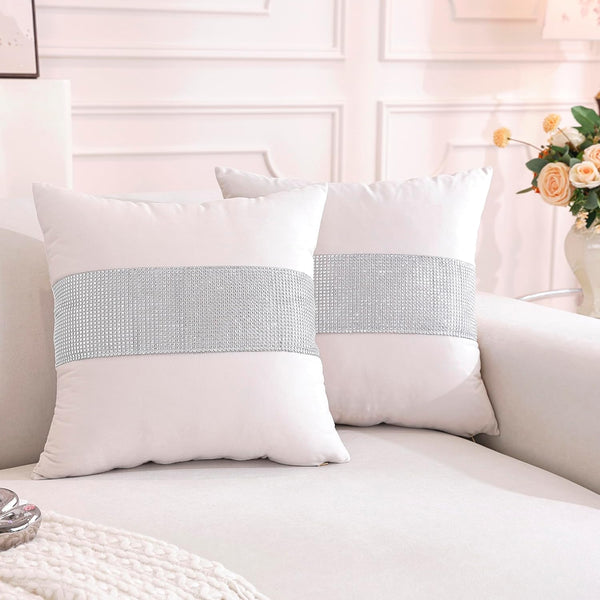TAOSON Pack of 2, Cream White Matching Sequin Patchwork Velvet Throw Pillow Cover