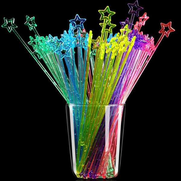 100 Pieces 9.1 Inch Plastic Swizzle Sticks Cocktail Stirrers for Bar, Disposable Multicolor Star Top
