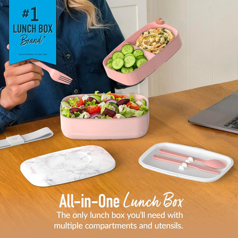 Bentgo Classic - Adult Bento Box, Stackable 3-Compartment Lunch Box with Removable Utensil Set, BPA-Free (Blush Marble)