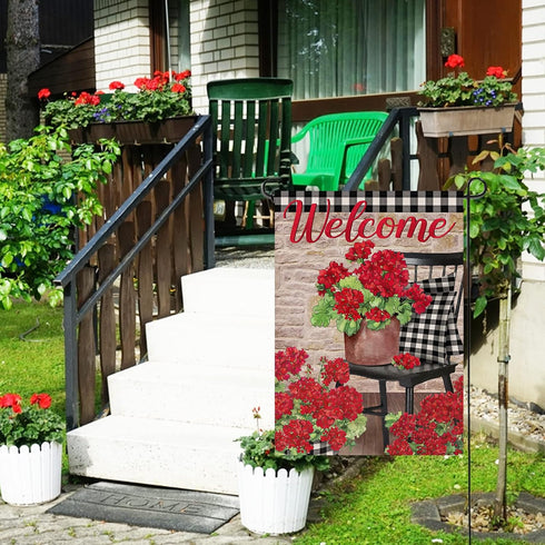 Welcome Spring Geranium Red Flower Decorative Garden Flag, 12x18, Black White Buffalo Plaid for Outdoor Decor