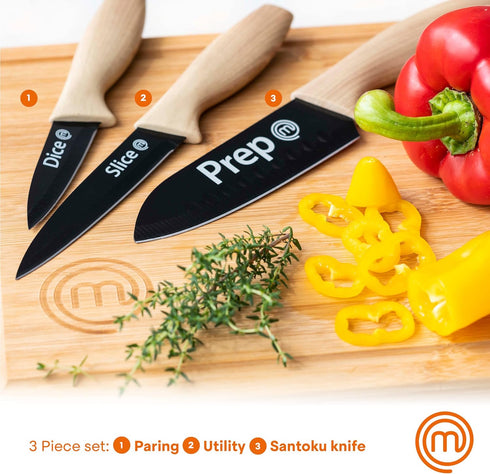 MasterChef Knife Set of 3 Kitchen Knives for Cooking (Chef, Paring & Utility), Professional Sharp Stainless Steel, Non Stick Blades & Soft Touch Handles, Easy Grip, Natural Collection, 3 Piece by MasterChef