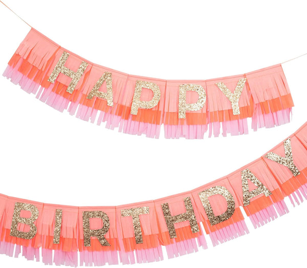 Meri Meri Rainbow Fringe Happy Birthday Banner, 8' Party Garland with Excess Cord