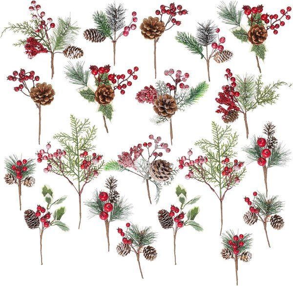 Crafare 20 Pack Artificial Christmas Tree Picks - Assorted Red Berry Pine Picks Spray with Pinecones, Holiday Décor