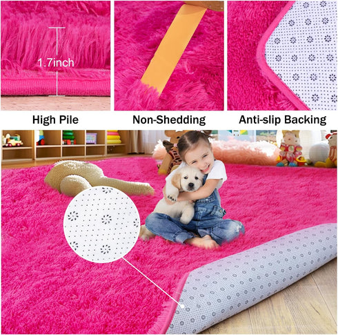 Ultra Soft Fluffy Hot Pink Rugs, 4x6 Feet Shag Area Rug for Bedroom and Living Room Decor