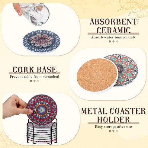 8 Set 4 Inch Patelai Pcs Boho Ceramic Coasters with Holder Mandala Round Absorbent Drink Coasters for Coffee Table