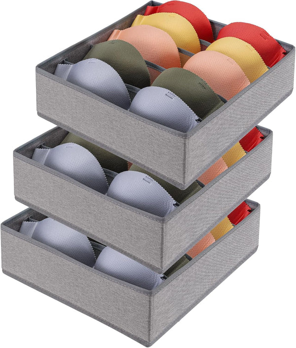 Bra Storage Drawers Organizer for Clothing, Foldable Storage Cube Bins for Bra, Socks, Underwear, 3 Pack (Grey)