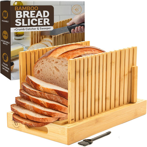 Bread Slicer for Homemade Bread - Bambuesi Upgraded Adjustable Bamboo Bread Cutter Board, Foldable Slicing Guide
