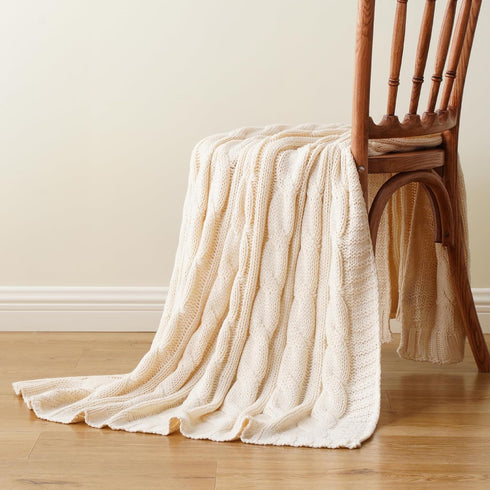 Battilo Cream Ivory Cable Knit Throw Blanket for Couch, Super Soft Warm Cozy Decorative Knitted Throw 50"x60"