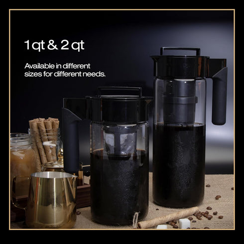 Takeya 2 Quart Glass Cold Brew Coffee Maker for Iced Coffee, Airtight Pitcher, Premium Quality, Black Lid and Handle