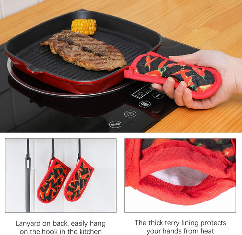 Cast Iron Skillet Handle Covers, Heat Resistant Pot Holders, Machine Washable Handle Mitts, 2 PCS (Red Pepper)