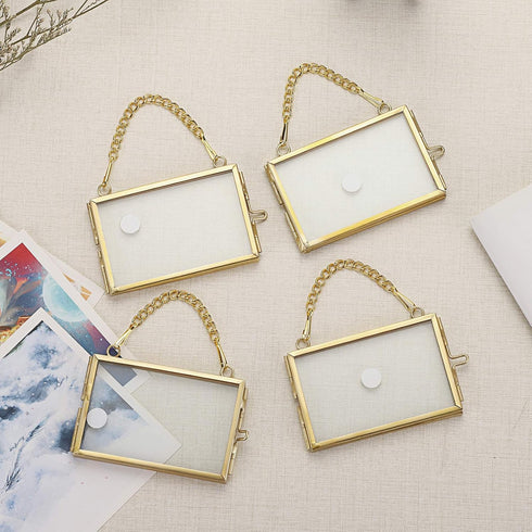 JUXYES Mini Brass Wall Hanging Photo Frame Set of 4, Double Glass Floating Frame for Artwork, Picture, Pressed Flower,