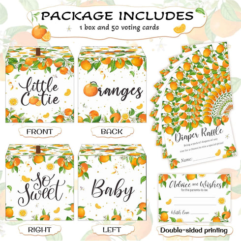 50 Summer Pajean Little Cutie Orange Diaper Raffle Tickets with Box Baby Shower Party Supplies Tangerine Theme Orange
