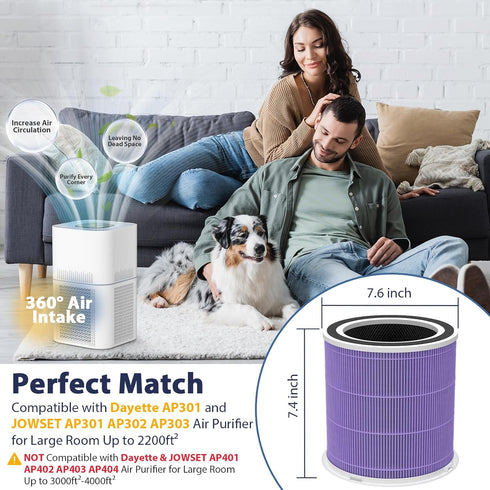 AP301 Pet Care Replacement Filter for Dayette AP301 AP302 & JOWSET Air Purifiers - H13 True HEPA Filter