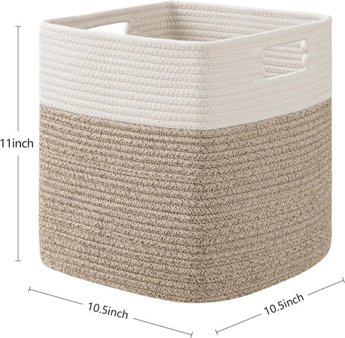 UBBCARE Cotton Rope Storage Basket Set of 4, 11 x 10.5 x 10.5 In, Woven Organizing Bins with Handles, White/Brown