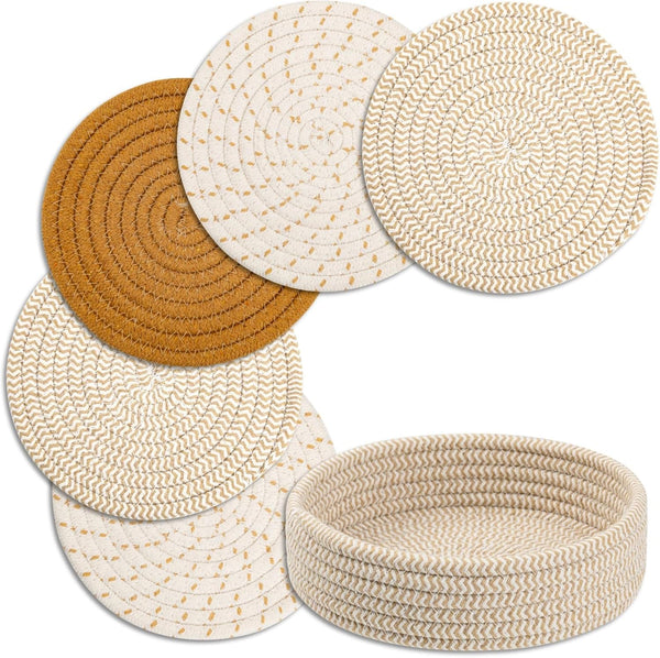Trivets for Hot Dishes, Cotton Coasters 5 Pcs and Storage Basket, Hot Pads for Kitchen and Table Protection