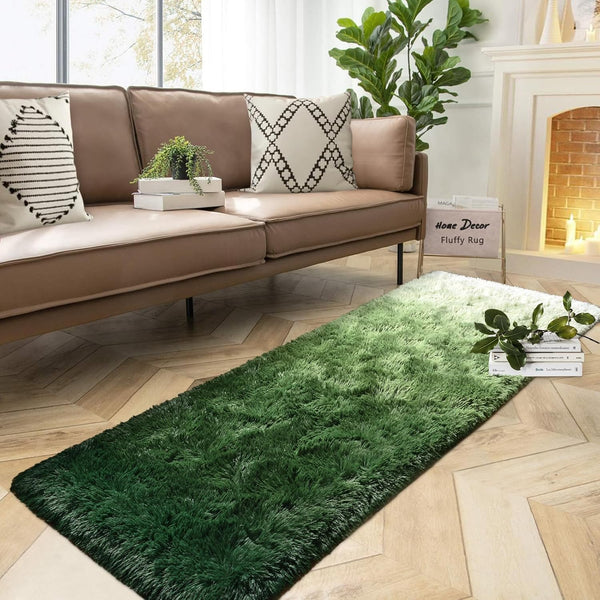 DweIke Luxury Shag Area Rug, 2x6 Feet Gradient Dark Green Rug Runner, Non-Slip Extra Comfy Plush Bedroom Decor