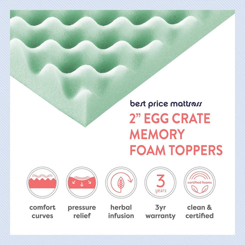 Best Price Mattress 2 Inch Egg Crate Memory Foam Topper with Aloe Infusion, CertiPUR-US Certified, Twin XL, Green