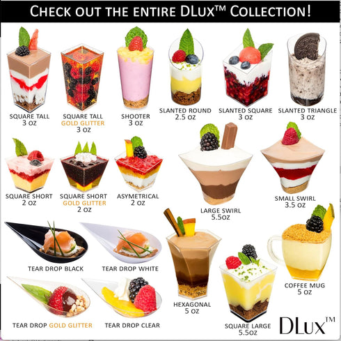 DLux 100 x 2oz Clear Plastic Mini Dessert Cups, Small Reusable Serving Bowl for Tasting Party Desserts with Recipe Ebook