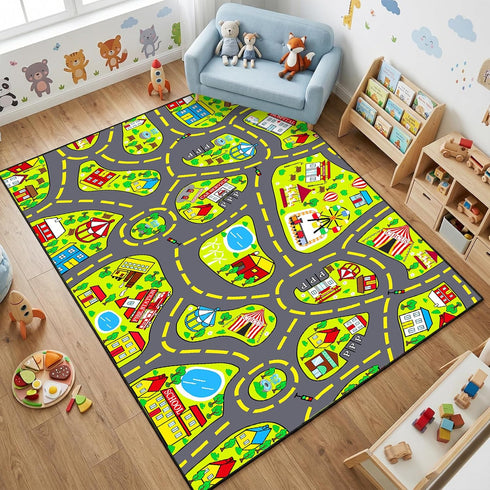 3x5 Car Rug Play Mat Feet, Car Road Rug for Kids City Road Map Carpet Educational Learning Play Carpet Kids Play Rugs