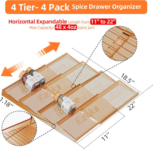 4 4 Pack 11'' 22'' PanPanPal Spice Drawer Organizer, Tier- Amber Acrylic Drawer Seasoning Organizer, Expandable From