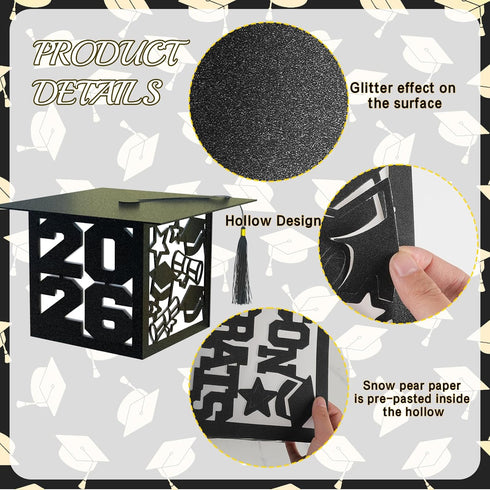 12 2026 Pcs Graduation Table Centerpieces Boxes Class of Black Square Graduation Paper Lanterns with String Lights