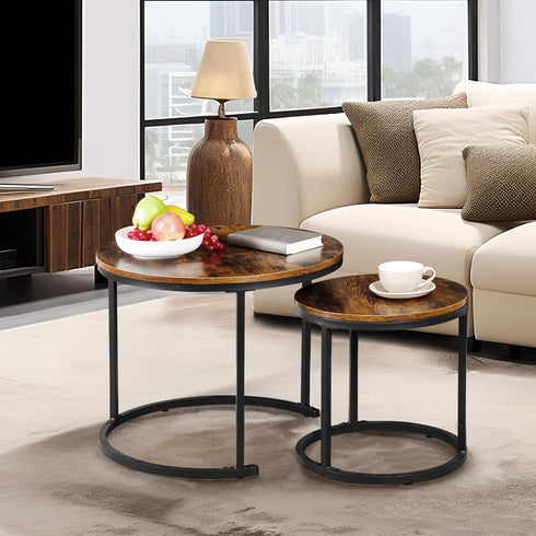 F2C Set 2 Nesting Coffee Table Modern End Table of for Living Room Balcony Office, Round Wood Accent Side Coffee Tables