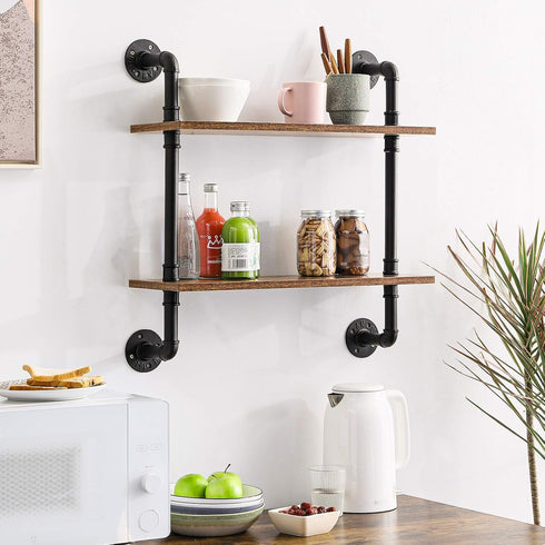 IBUYKE 26" Pipe Floating Shelves, 2-Tiers Industrial Wall Mount Bookshelf, Metal Bracket Storage Shelf for Home