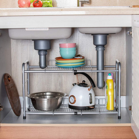 Flagship 2 Tier Under Sink Organizers and Storage Rack, Expandable Cabinet Shelf for Kitchen Bathroom, Silver