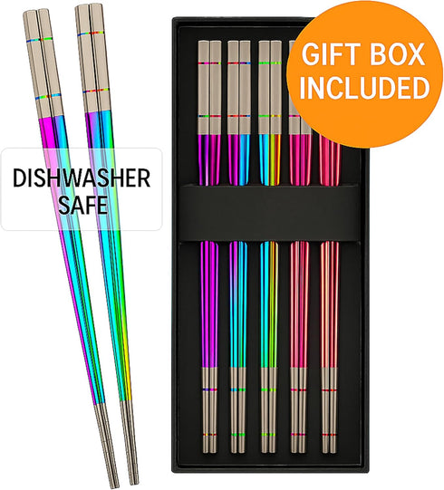 Reusable Chopsticks, Extra Long 9", 5 Pairs per Pack, Food-Safe Stainless Steel, Holographic Design