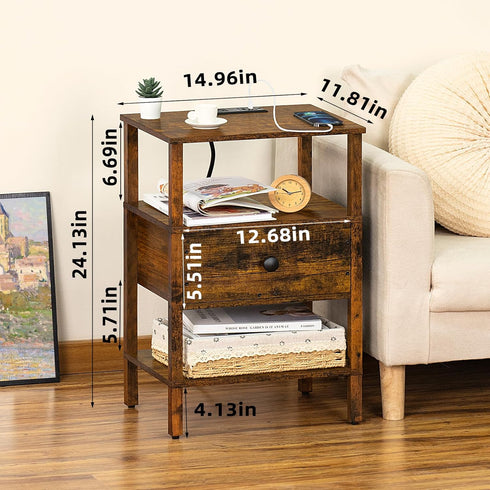 Lerliuo Nightstand with Charging Station and USB Ports, 3-Tier Storage End Table with Drawer, Retro Brown Wood Bedside