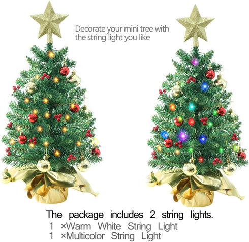 24 Inch Tabletop Mini Christmas Tree, Miniature Pine Tree with Hanging Ornaments, Battery Operated