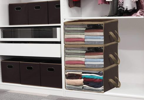 Simple Houseware 3 Pack Foldable Closet Organizer Clothing Storage Box with Clear Window, Brown