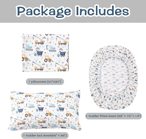 lasoftan Set 3 Set Kids Sheet Twin Size Pcs, Boys Sheet with Blue Excavator Car PatternKids Boys Twin Fitted