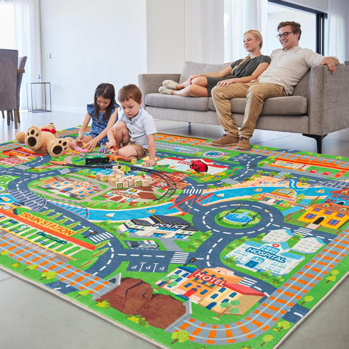 4'x5'/ 48"x60" Car Rug Play Mat for Kids Toy Cars, Road Traffic Playmat for Kid Bedroom, Non-Slip Machine Washable Town