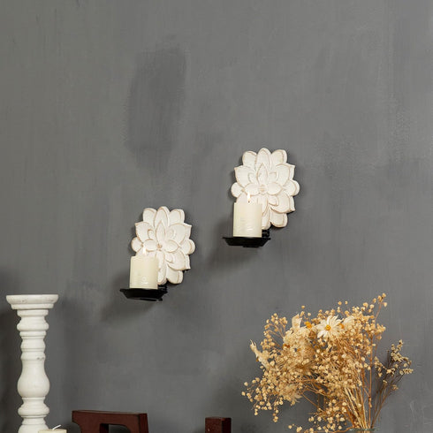 Set Farmhouse Candle Sconces of Two, Handcarved Wall Candle Holders Decorative, Flower Pattern, Distressed Finish