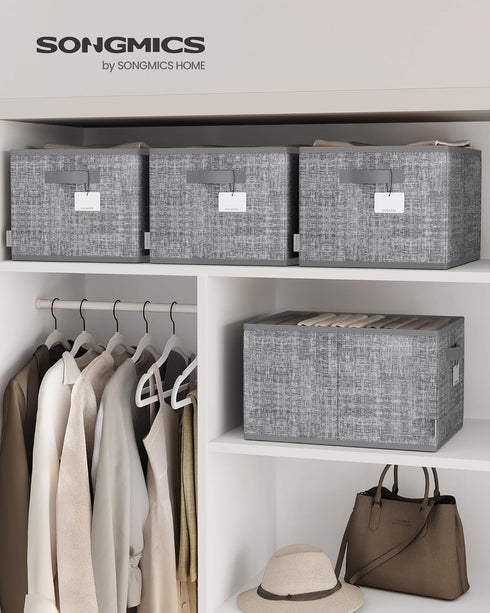 SONGMICS Storage Baskets, Set of 3 Fabric Storage Bins, 15.7 x 11.8 x 9.5 Inches, Foldable Closet Organizer for Shelves, 2 Handles, Label Holders, for Bedroom, Living Room, Cattail Gray UROB440G01
