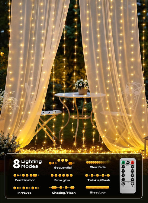 300 9.8 8 Brightown LED Curtain Lights, FT Plug in Fairy Lights for Bedroom, Lighting Modes, Christmas String Lights