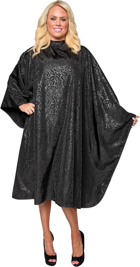 BLOOM CAPE Stylist Salon Cape, Water Resistant Silky Polyester Black on Black Etched Flower Print