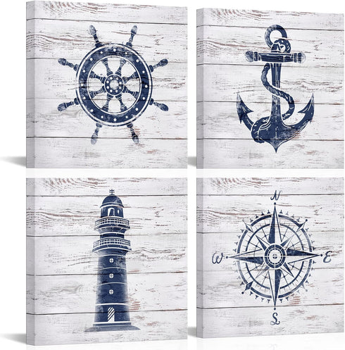 LoveHouse Nautical Canvas Wall Art Nautical Bathroom Decor Navy and White Lighthouse