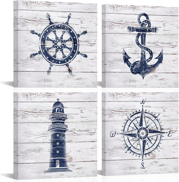 LoveHouse Nautical Canvas Wall Art Nautical Bathroom Decor Navy and White Lighthouse