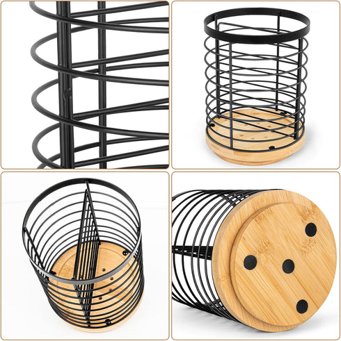 Utensil Holder for Kitchen Counter, Large Black Metal+Bamboo Base Utensil Organizer, Breathable, Easy to Dry, Rotating