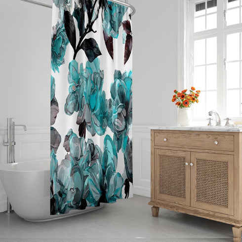 Emvency Aqua Shower Curtain - Blue Flower Floral Teal Pattern with Roses, Waterproof Polyester Fabric 72 x 72 inches