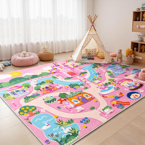 3x4ft Pink Kids Rug for Playroom, Castle Design Bedroom Carpet, Ultra Soft Short Pile Toddler Play Mat, Machine