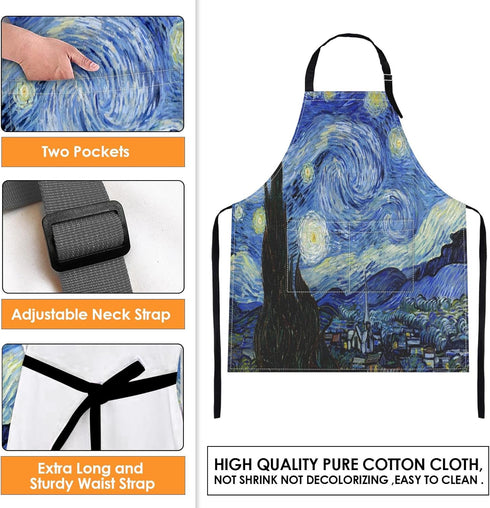 Britimes Apron for Home Kitchen Cooking Baking Gardening, 32x28 inch with Pockets Starry Night Oil Painting