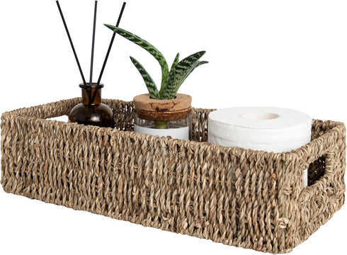 StorageWorks Seagrass Baskets with Built-in Handles, Bathroom Decor Box for Toilet Tank Top, 14 ¼"L x 6 ½"W