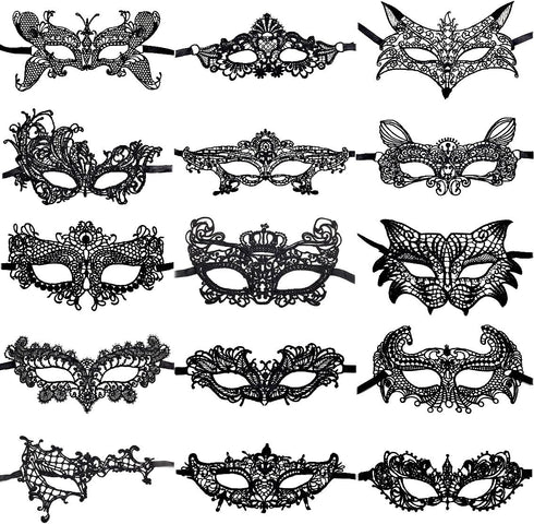 15 Packs Women's Sexy Flexible Lace Masks, Eye-mask for Ball Party Venetian Masquerade Costume - Black