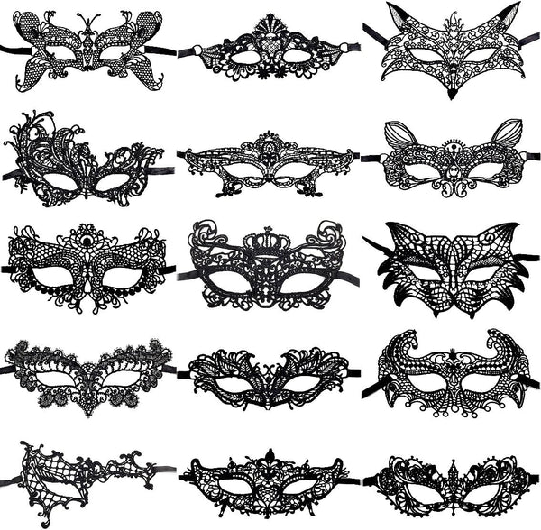 15 Packs Women's Sexy Flexible Lace Masks, Eye-mask for Ball Party Venetian Masquerade Costume - Black